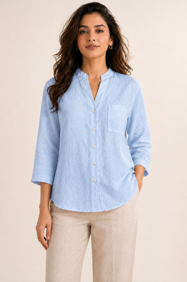 Women’s Soft Linen Blend Pastel Sky Shirt | Casual Button-Down Top | 3/4 Sleeve Premium Everyday Wear