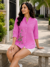 Women’s Soft Linen Blend Hot Pink Shirt | Casual Button-Down Top | 3/4 Sleeve Premium Everyday Wear