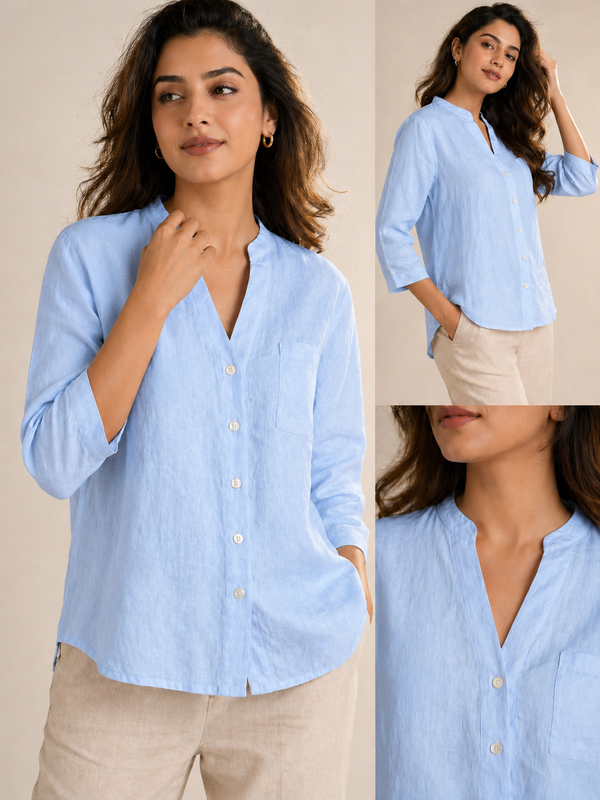 Women’s Soft Linen Blend Pastel Sky Shirt | Casual Button-Down Top | 3/4 Sleeve Premium Everyday Wear