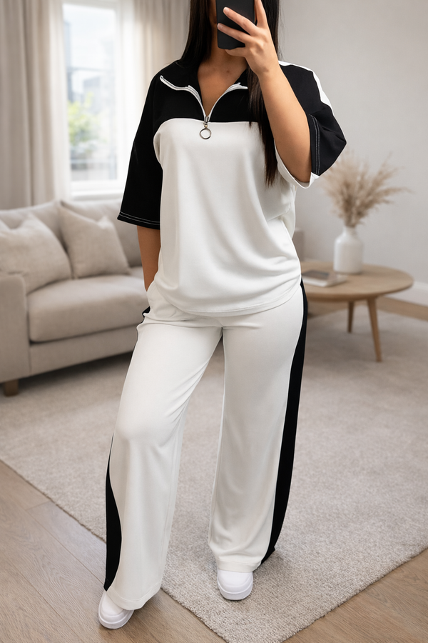 Women’s Relaxed Fit Black & White Co-ord Set with Half-Zip Top & Wide-Leg Pants