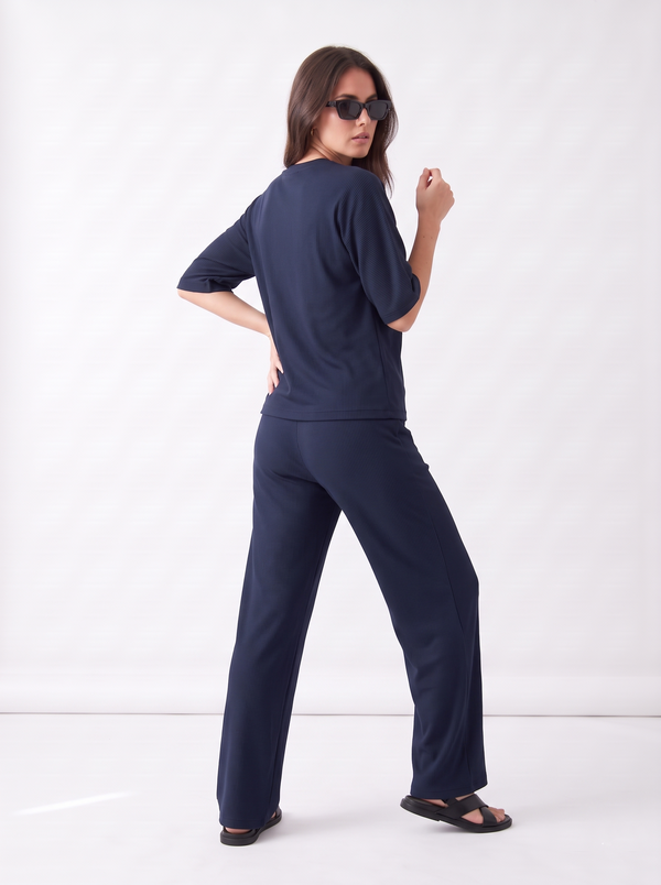 Women's Airport Style Ribbed Co-Ord Set with Wide-Leg Trousers|Women's Designer-Inspired Co-Ord Set|