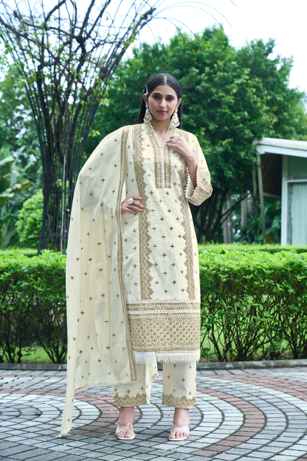 Charming Off-White Designer Kurti Set with Chiffon Dupatta