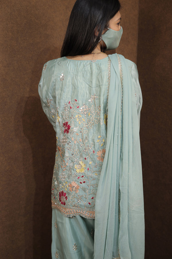 Mint Green Embroidered Kurti Sharara Set for Women|Kurti & Sharara Set|