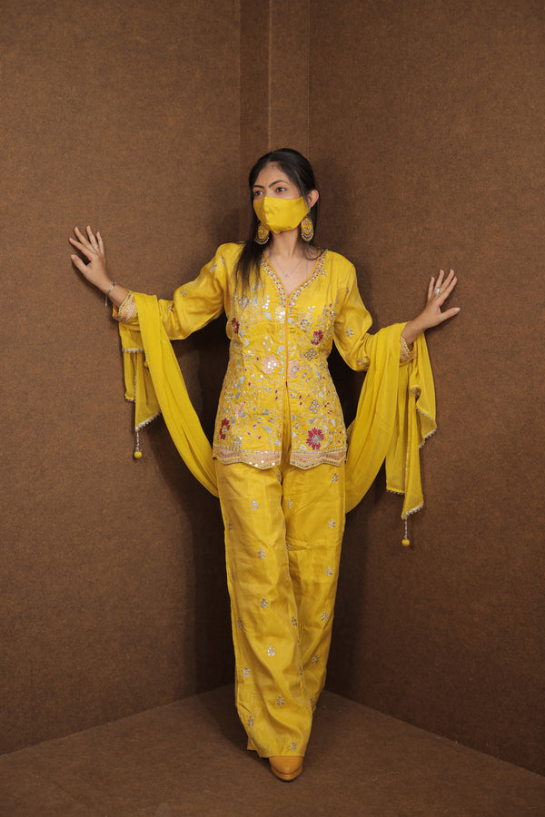 Yellow Embroidered Kurti Sharara Set for Women | Haldi & Festive Wear|