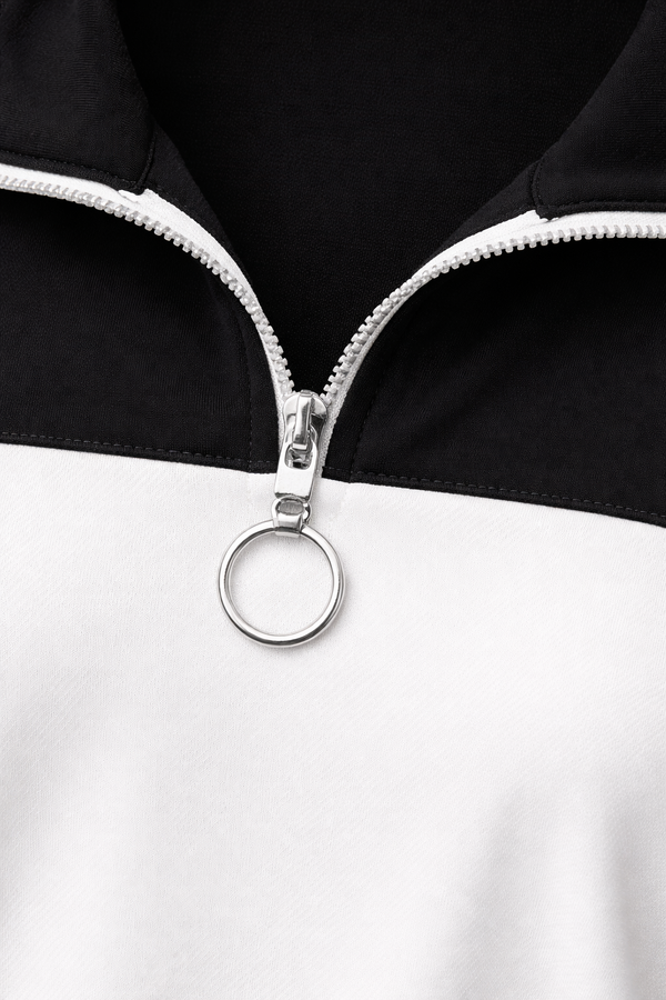 Women’s Relaxed Fit Black & White Co-ord Set with Half-Zip Top & Wide-Leg Pants