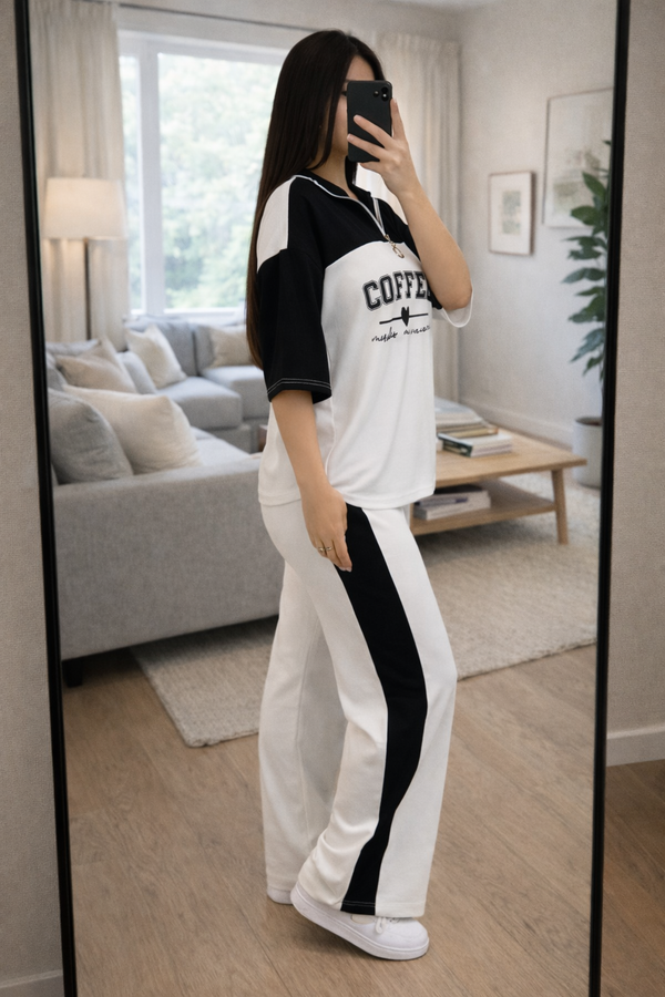 Women’s Coffee Print Half-Zip Co-ord Set | Black & White Colorblock Lounge Wear|