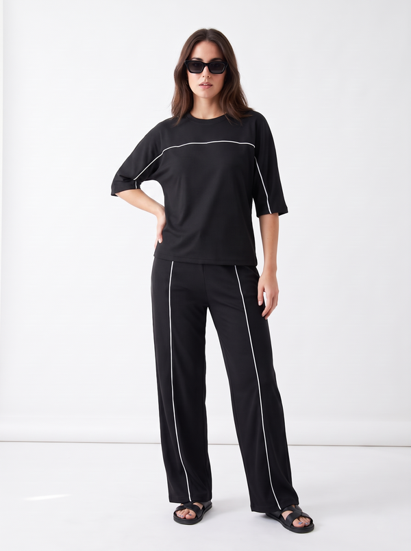 Women's Airport Style Ribbed Co-Ord Set with Wide-Leg Trousers|Women's Designer-Inspired Co-Ord Set|