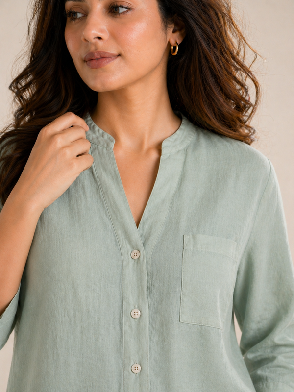Women’s Soft Linen Blend Pastel Green Shirt | Casual Button-Down Top | 3/4 Sleeve Premium Everyday Wear