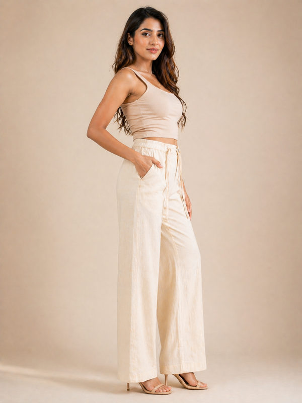 Women’s Beige Wide Leg Pants | High Waist Drawstring Trouser | Casual Summer Bottom Wear