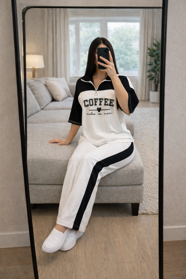 Women’s Coffee Print Half-Zip Co-ord Set | Black & White Colorblock Lounge Wear|