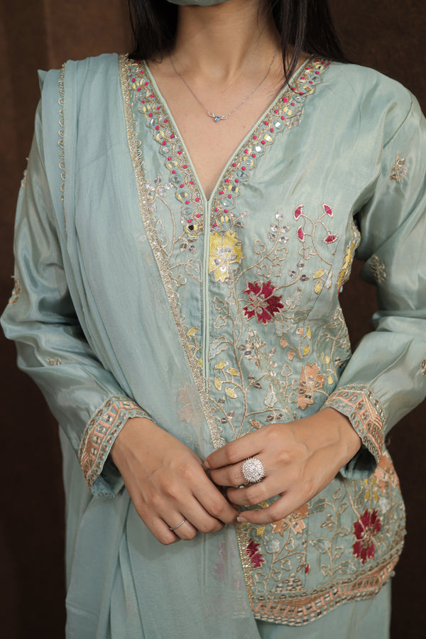 Mint Green Embroidered Kurti Sharara Set for Women|Kurti & Sharara Set|