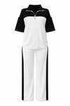 Women’s Relaxed Fit Black & White Co-ord Set with Half-Zip Top & Wide-Leg Pants