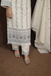 Festive Ready Embroidered Kurta Pant Dupatta Set in Off-White Tone