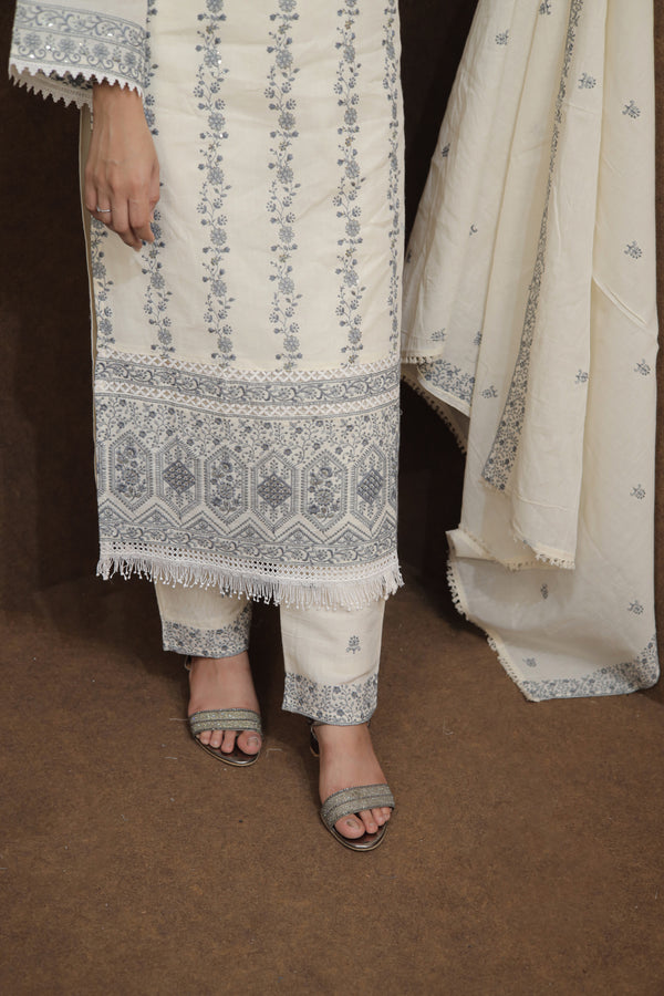 Festive Ready Embroidered Kurta Pant Dupatta Set in Off-White Tone