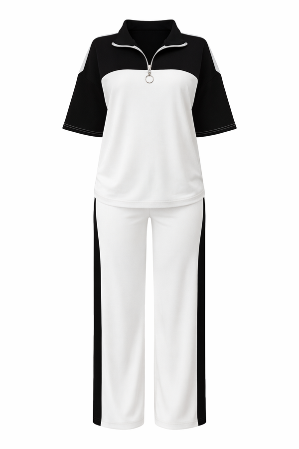 Women’s Relaxed Fit Black & White Co-ord Set with Half-Zip Top & Wide-Leg Pants