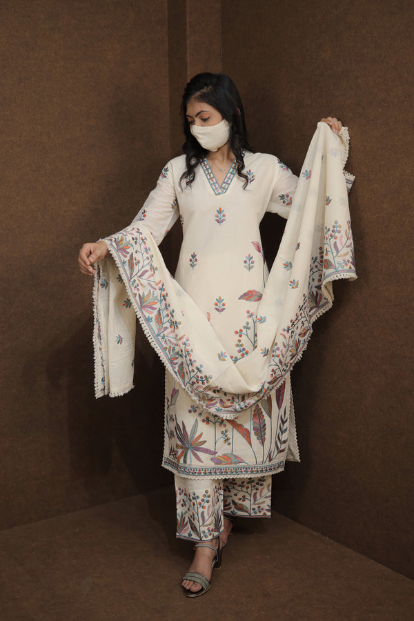 Designer White Kurti Set with Multicolour Embroidery | women’s ethnic outfit sets |