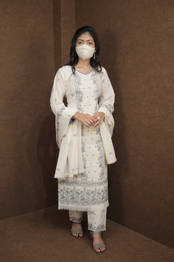 Royal Ethnic Off-White Kurta Set with Intricate Thread Work.Pastel Perfection Floral Embrodaried Kurta Set for Women