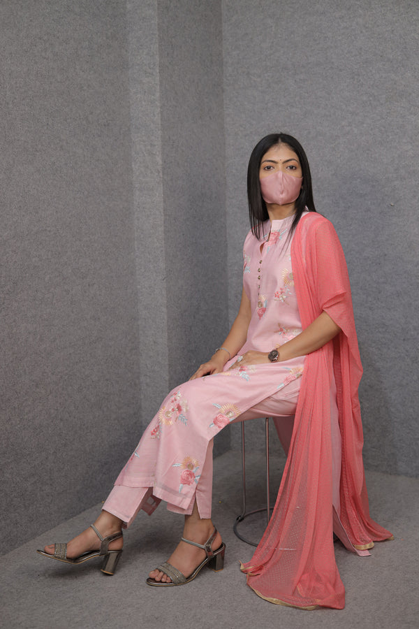 Pink Sleeveless Kurti Pant Dupatta Set for Women | Embroidered|