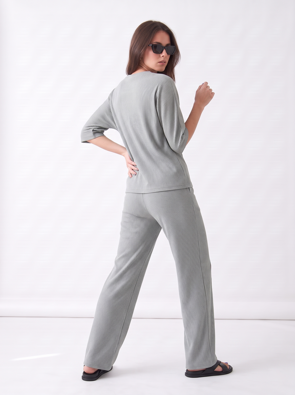 Women's Airport Style Ribbed Co-Ord Set with Wide-Leg Trousers|Women's Designer-Inspired Co-Ord Set|