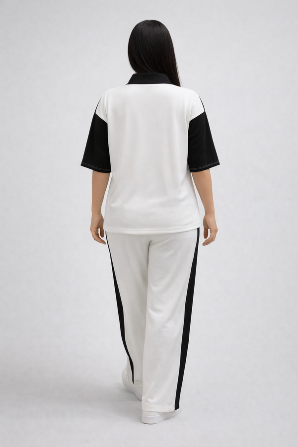 Premium Monogram Graphic Co-ord Set | Soft Stretch Half-Zip Top + Side Stripe Pants