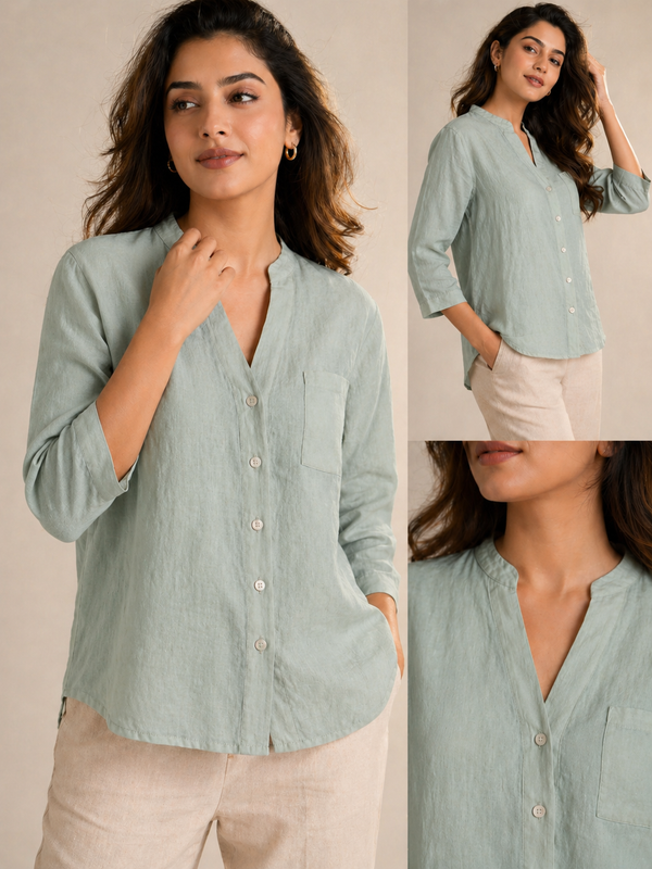Women’s Soft Linen Blend Pastel Green Shirt | Casual Button-Down Top | 3/4 Sleeve Premium Everyday Wear