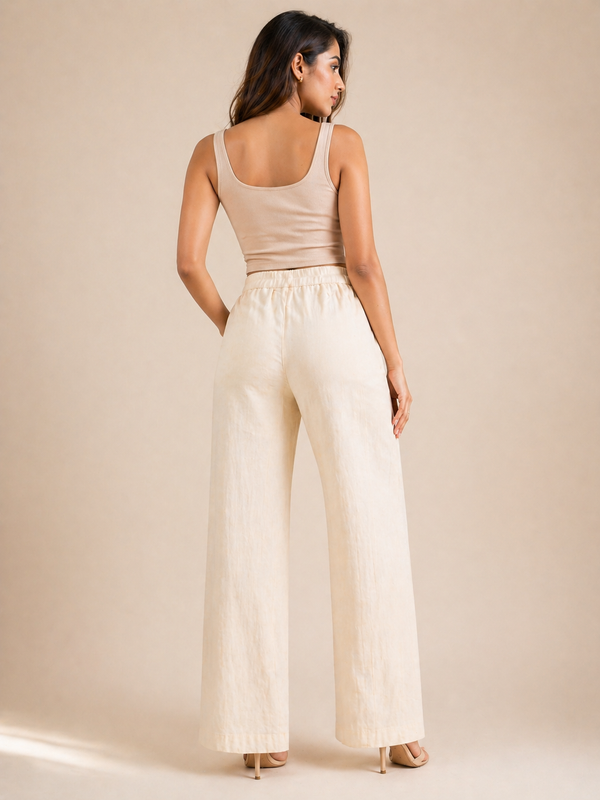 Women’s Beige Wide Leg Pants | High Waist Drawstring Trouser | Casual Summer Bottom Wear