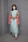 Women’s Sky Blue Kurti Pant Set | Floral Embroidery|Ethnic Wear|