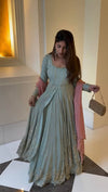 "Heavily Embellished Net Anarkali in Pastel Mint with Contrast Dupatta"