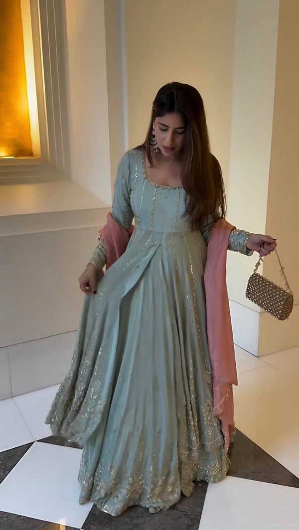 "Heavily Embellished Net Anarkali in Pastel Mint with Contrast Dupatta"