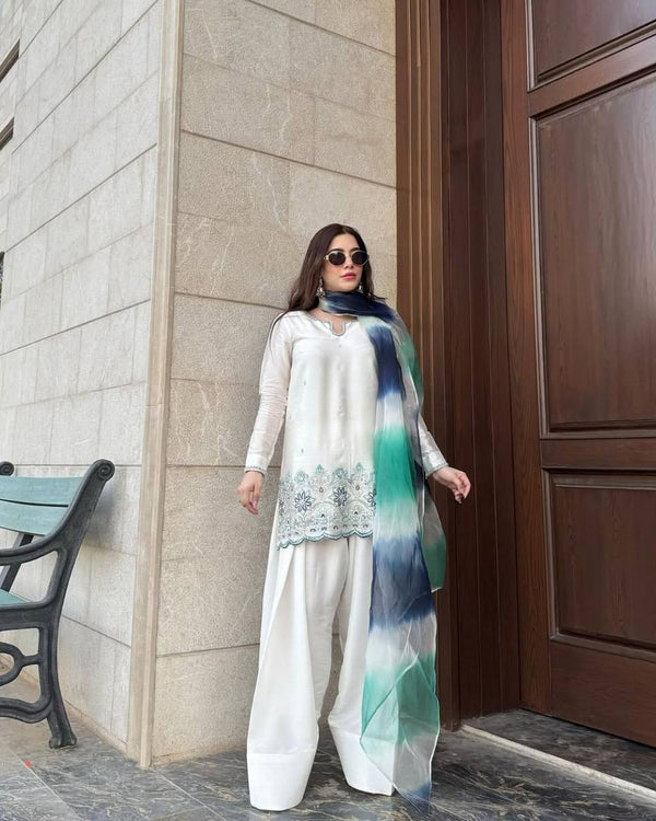 Chic White Palazzo Suit with Embroidered Hem and Ombre Dupatta for Elegant Daywear Look