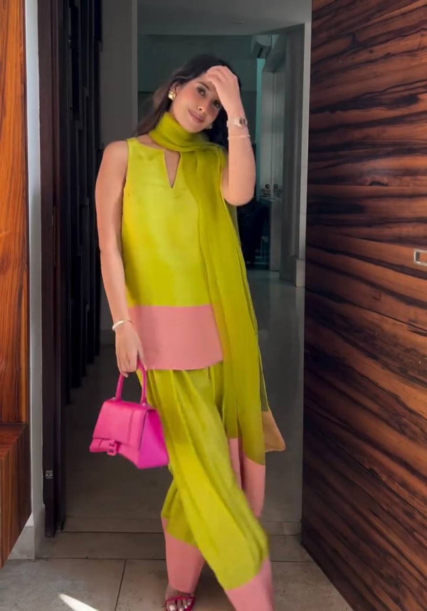 Trendy Lime Green and Pink Punjabi Suit with Dupatta and Mini Bag for Stylish Outings
