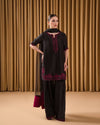 Elegant Black Three-Piece Suit with Deep Pink Embroidered Detailing for Festive or Formal Occasions4o