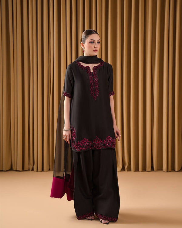 Elegant Black Three-Piece Suit with Deep Pink Embroidered Detailing for Festive or Formal Occasions4o