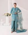 Teal Elegance: Embellished Suit with Sheer Dupatta and Graceful Traditional Charm