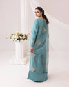 Teal Elegance: Embellished Suit with Sheer Dupatta and Graceful Traditional Charm