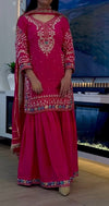 Elegant Fuchsia Embroidered Traditional Outfit with Gold Heels Ensemble