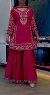 Elegant Fuchsia Embroidered Traditional Outfit with Gold Heels Ensemble