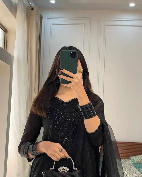 Opulent Noir: Sheer Elegance Embroidered Suit for Timeless Glamour