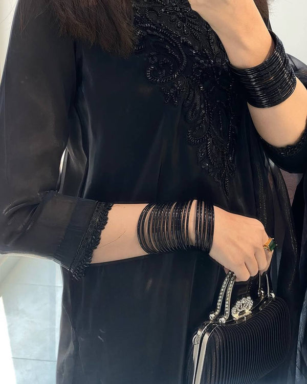 Opulent Noir: Sheer Elegance Embroidered Suit for Timeless Glamour