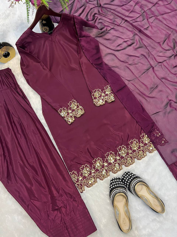 Elegant Pastel Blue Silk Suit with Golden Floral Embroidery Trim