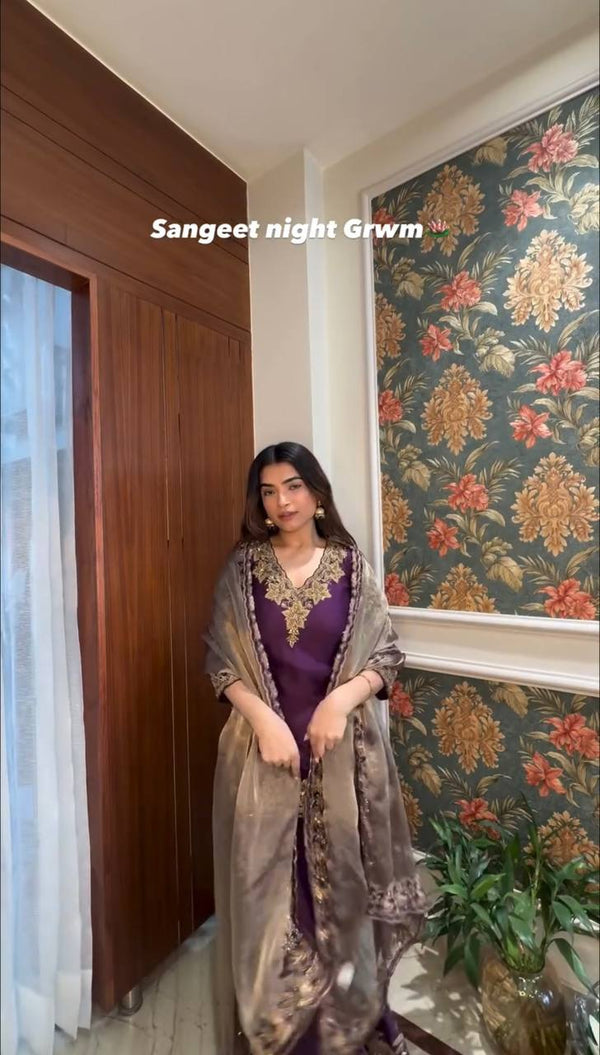Elegant in Plum: Stunning Outfit for a Glamorous Sangeet Night Celebration Look