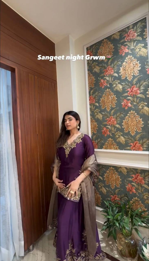 Elegant in Plum: Stunning Outfit for a Glamorous Sangeet Night Celebration Look