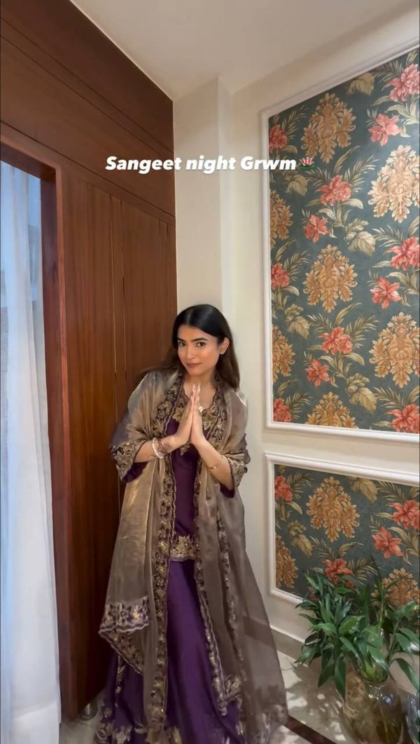 Elegant in Plum: Stunning Outfit for a Glamorous Sangeet Night Celebration Look