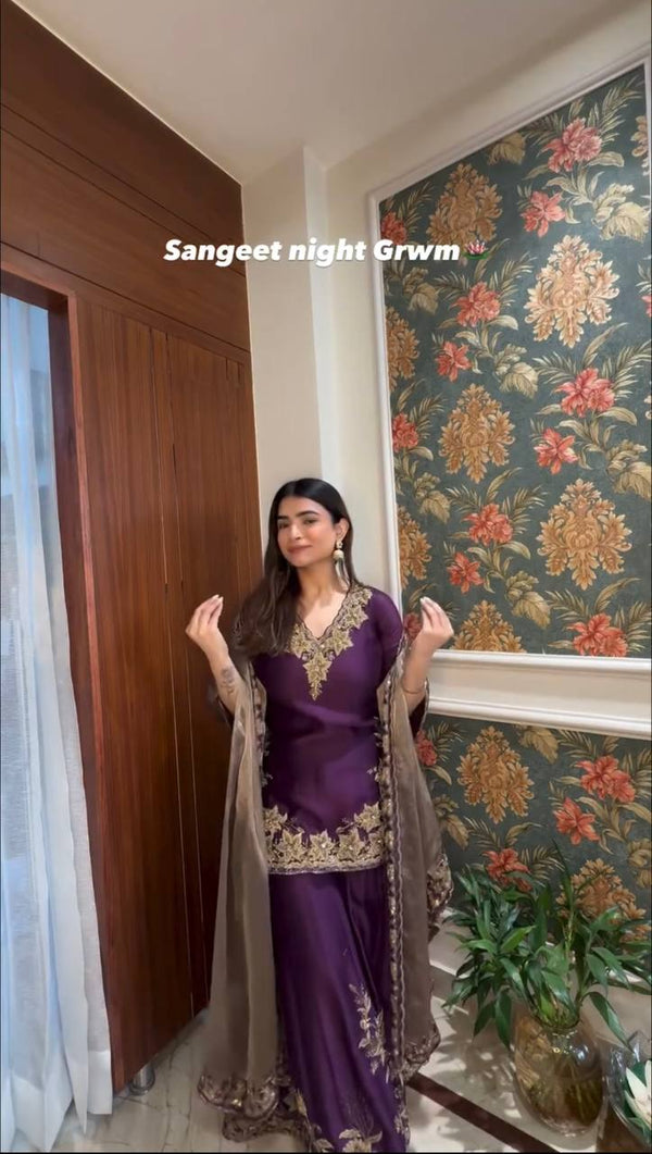 Elegant in Plum: Stunning Outfit for a Glamorous Sangeet Night Celebration Look