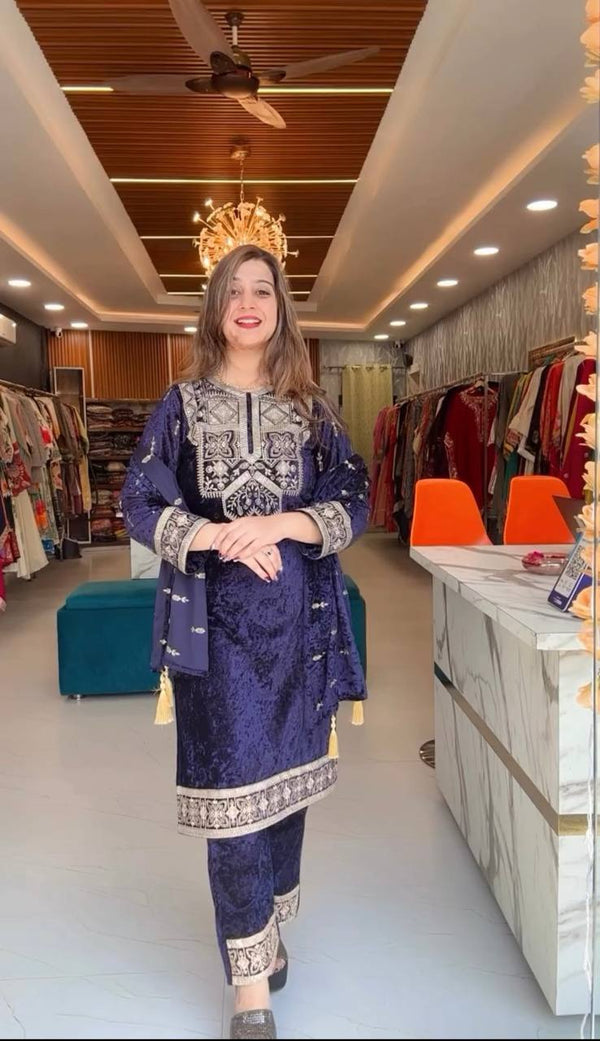 Regal Radiance: Stunning Blue and Gold Embroidered Women's Attire