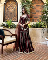 Graceful Maroon Sharara Adorned with Golden Floral Patterns