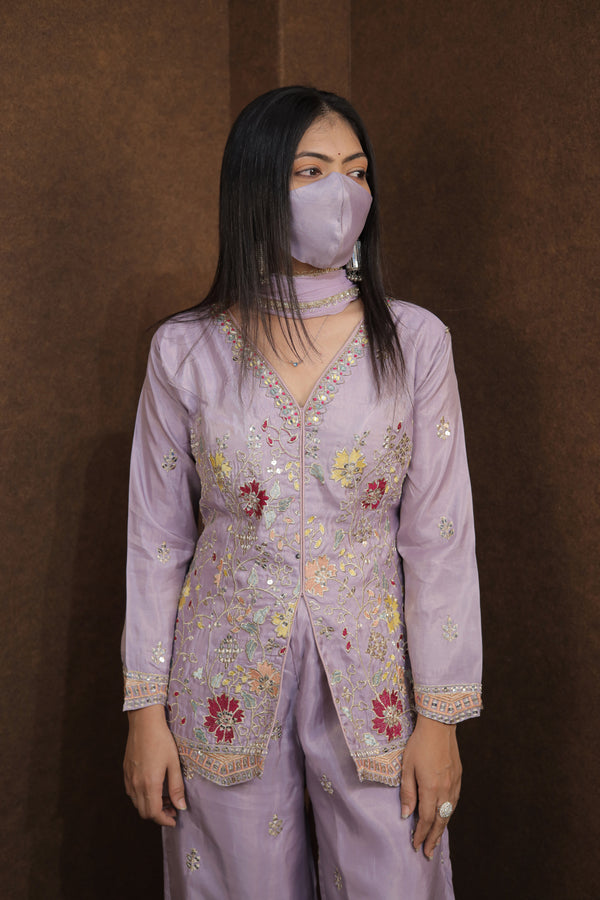 Lavender Embroidered Kurti Sharara Set for Women | Sharara Suit for Festive Occasions |