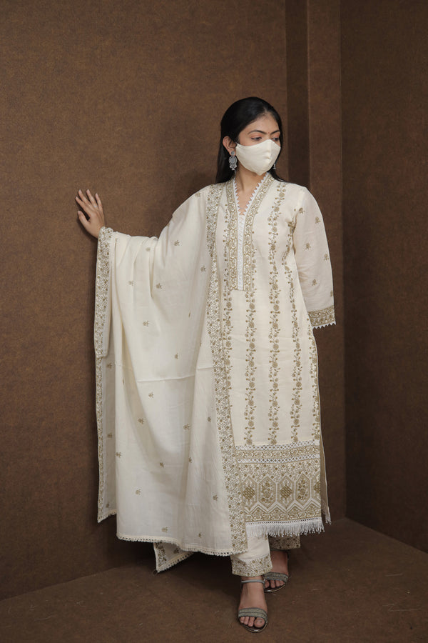 Luxury Hand-Embroidered Cream Kurti with Pant & Dupatta – Wedding & Festive Collection
