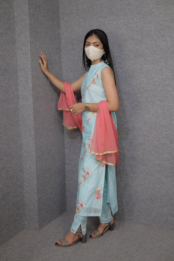 Women’s Sky Blue Kurti Pant Set | Floral Embroidery|Ethnic Wear|