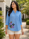 Women’s Soft Linen Blend Sky Blue Shirt | Casual Button-Down Top | 3/4 Sleeve Premium Everyday Wear